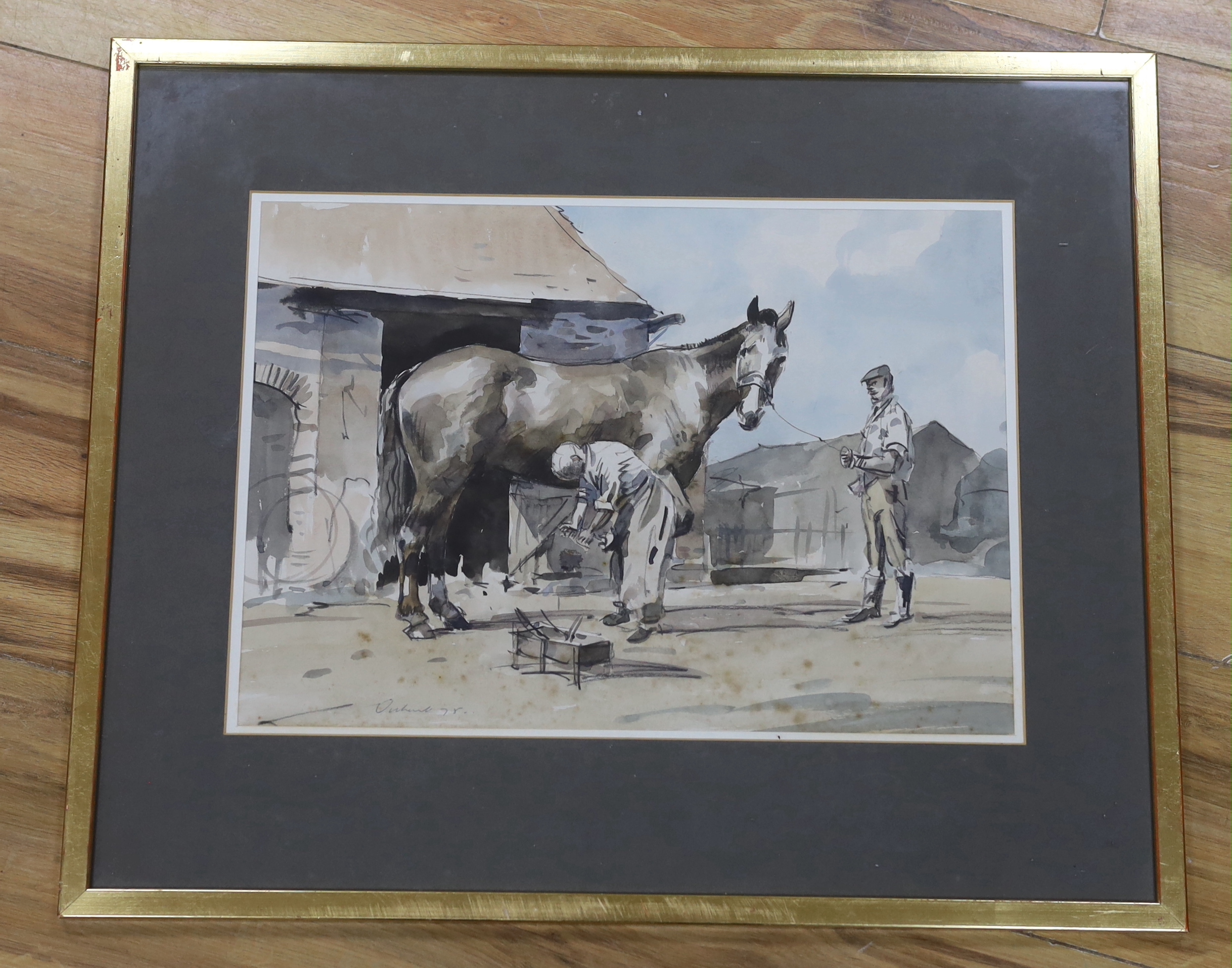 Stanley Orchart (1920-2005), watercolour, Farriers shoeing a horse, signed and dated ‘78, 39cm x 27cm